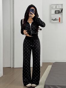 SHEIN EZwear 女款黑色波點印花修身開襟運動衫與喇叭褲休閒套裝，秋冬款 - 黑色 - 查看 5