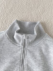 SHEIN Tween女孩 2件組 半拉鍊寬鬆運動衫與休閒寬腿運動長褲套裝，返校季秋冬極簡運動套裝穿搭 - 深灰色 - 查看 5