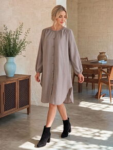 EMERY ROSE Women's Round Neck Long Sleeve Single-Breasted Solid Color Dress - Brown - View 4