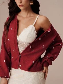BELROSIE Fall Dark Red Solid Color Round Neck Lantern Sleeve 3D Pearl Embellished Cardigan With Pearl Buttons Women's Elegant Romantic Party Dinner Night - Burgundy - View 6