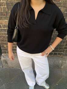 Livesso Fun Commute 女款大尺碼拼色拼接波羅領休閒短袖針織上衣 春夏季通勤穿搭 - 黑色 - 查看 2
