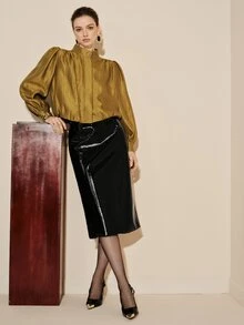 Arave Women's Blouse Puff Sleeve Loose Pleated Metallic Texture Retro Stand Collar Gold Button Puff Shoulder Hidden Placket Elegant Gold Blouse Commuting - Mustard Yellow - View 2