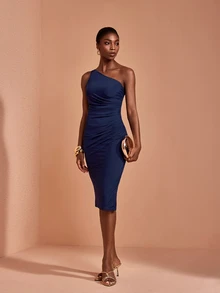 JIAN LASALA Mesh Sleeveless One Shoulder Ruched Elegant Midi Dress Party Vacation - Blue - View 5