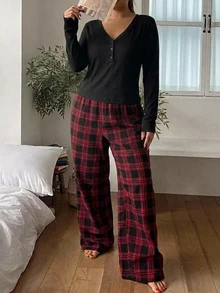 Dazy Plus Minimalist Casual Solid Color Top & Plaid Pants 2pcs Set Home Wear Spring Autumn New Pajama Outfit - Black - View 6