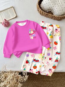 Young Girl Cute Nordic Style Dopamine Fun Fruit & Floral Pattern, Casual Loose Drop Shoulder Long Sleeve Sweatshirt & Pleated Wide Leg Sweatpants Set With Fleece Lining - Multicolor - View 4