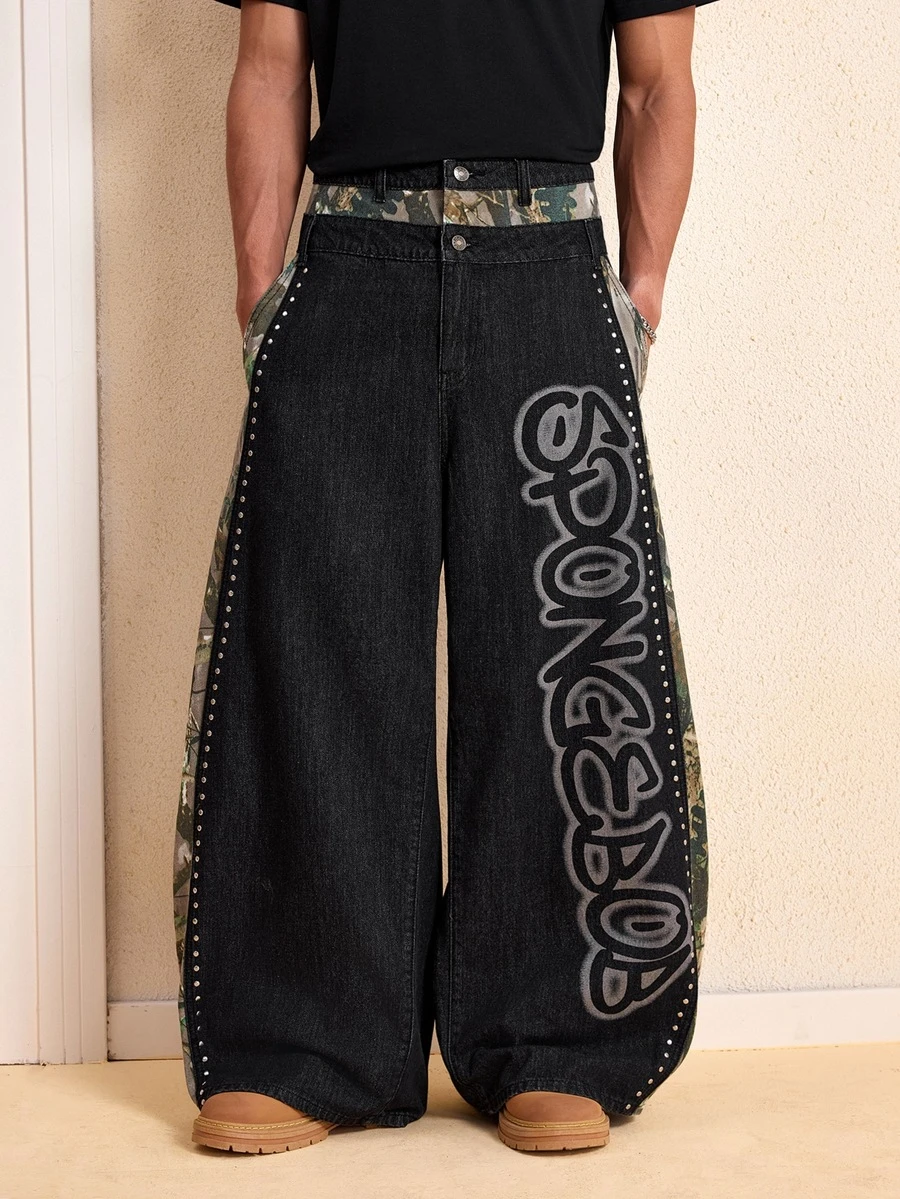 SpongeBob SquarePants | SHEIN Men's Streetwear Rivet Letter Print Loose Fit Denim Jeans - Black - View 1