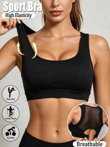 SHEIN Women's Solid Color Casual Daily Sports Bra - Black - View 1