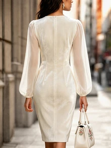 Balvessa Velvet Embroidered Round Neck Long Sleeve Elegant Women Dress - Apricot - View 2