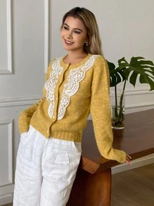 Livesso Kardigan Wanita Kasual Serbaguna untuk Pemakaian Harian dengan Patchwork Renda - Kuning - View 1