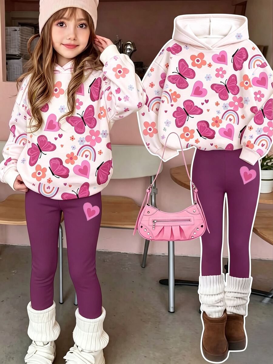 1set Young Girl 2 Pieces Outfit, All-Over Print Butterfly, Flower, Heart, Rainbow Pattern Hooded Sweatshirt Paired With Purple Elastic Leggings With Heart Pattern, Cute Children's Clothing For Spring And Autumn - Multicolor - View 1