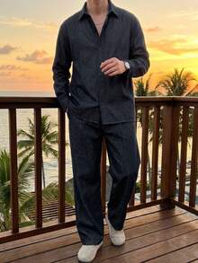 DAZY Men's Turn-Down Collar Single-Breasted Long Sleeve Top And Solid Color Long Pants Denim Set - Navy Blue - View 4