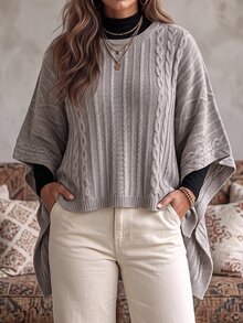 Ceyna Plus Size Women's Fashion Cable Rope Grey Crew Neck Poncho Sweater Pullover Casual Smart Loose Cape Outerwear Top For Autumn/Winter Formal Holiday - Khaki - View 1