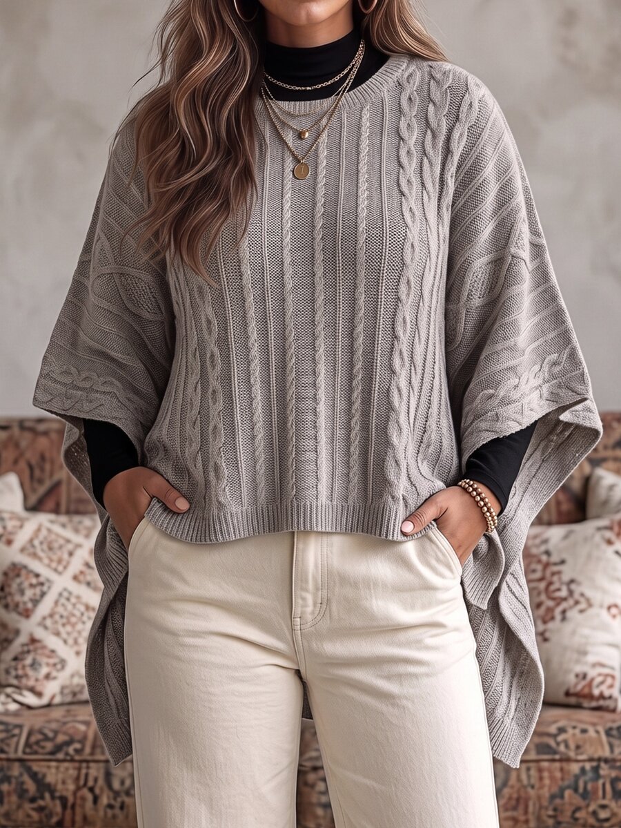 Ceyna Plus Size Women's Fashion Cable Rope Grey Crew Neck Poncho Sweater Pullover Casual Smart Loose Cape Outerwear Top For Autumn/Winter Formal Holiday - Khaki - View 1