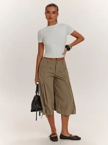 SHEIN BAE Women's Low Waist Loose Zipper Fly Long Pants - Army Green - View 3