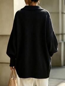 Balvessa 女款秋冬單排釦長版蝙蝠袖開襟衫 - 黑色 - 查看 2