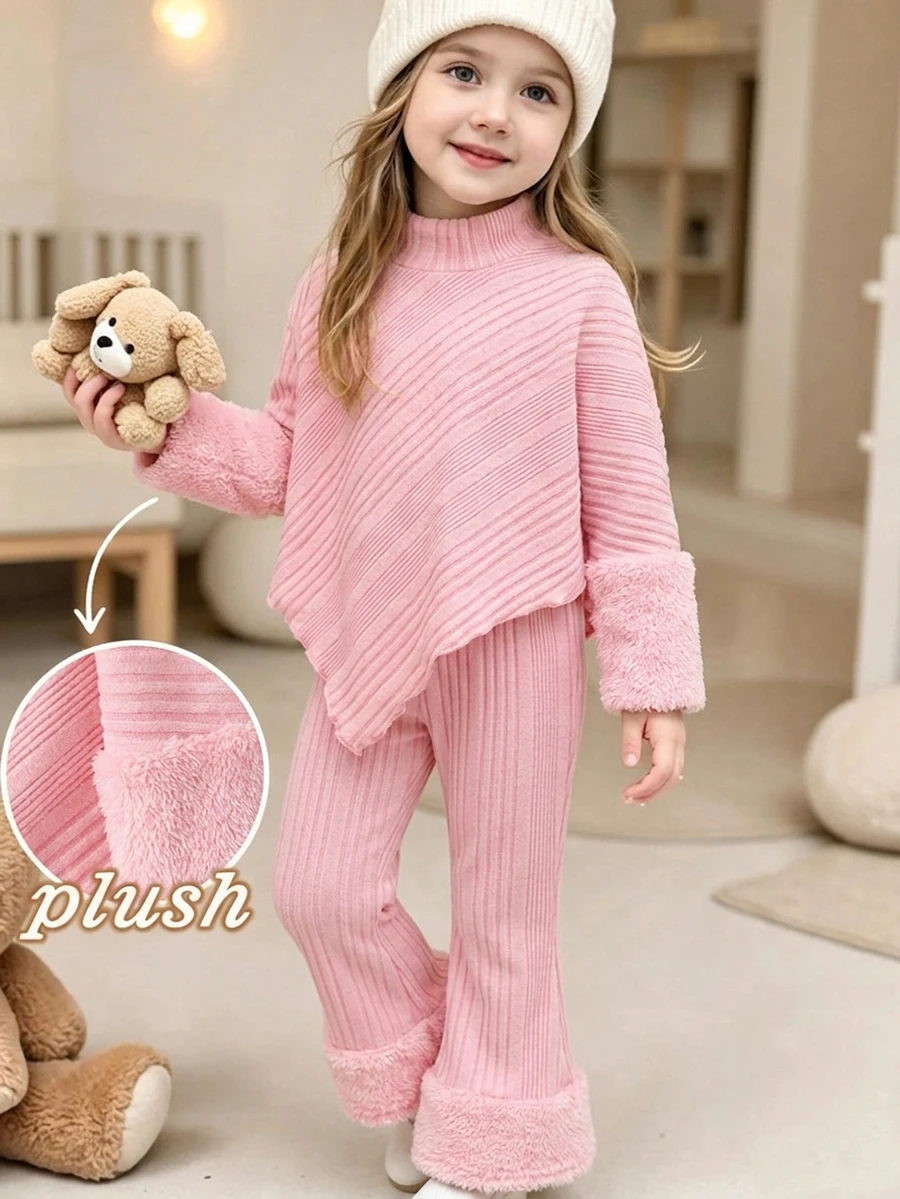 SHEIN Elladie kids 女童高領毛絨兩件套,粉色上衣搭配不對稱下擺與人造毛袖口,配對羅紋喇叭褲,適合秋季7歲生日 - 粉色 - 查看 1