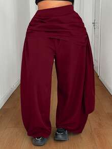 Maweii Women's Plus Size Vacation Ruched Waist Patchwork High Waist Wide Leg Pants Fall - Burgundy - View 3