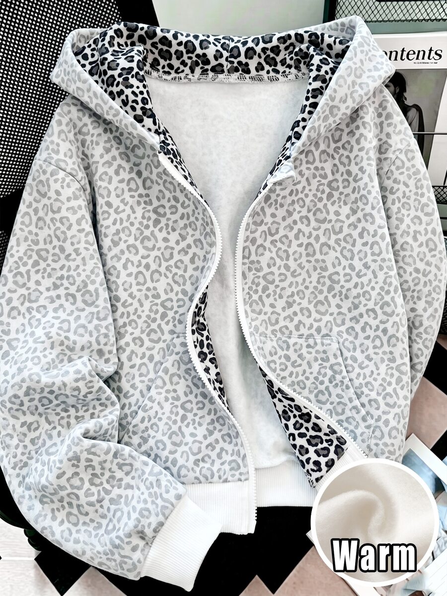 Elladie kids 女童休閒保暖內裡拼接色塊豹紋運動外套，秋冬休閒上衣 - 淺灰色 - 查看 1
