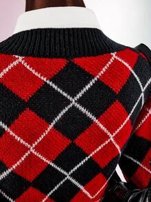 Amplova Women's Knitted Sexy Avant-Garde Plaid Collar Campus Style Outfit Suitable For Back To School Season - Red - View 9