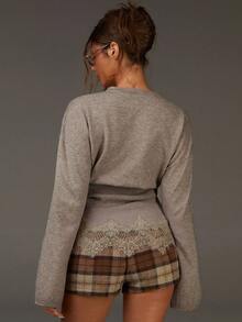 Athîral Women's Bell Sleeve Contrast Lace Hem Round Neck Button Front Cinched Waist Knit Cardigan Fall Clothes Casual Outfits Chic Outftis Brown Outftis - Khaki - View 2