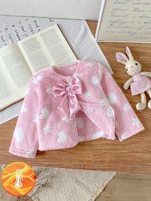 SHEIN Elladie kids 2件組女嬰夾克洋裝套裝，甜美可愛粉白蝴蝶結愛心印花，長袖圓領加厚款，生日派對秋冬節日禮物 - 粉色 - 查看 3
