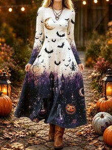 Breezaya Women's Round Neck Halloween Theme Print Long Sleeve Dress - Multicolor - View 3