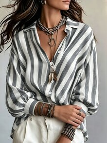 SHEIN 復古咖啡棕條紋翻領寬鬆長袖女款襯衫，垂墜慵懶休閒風，適合度假通勤百搭上衣 - 灰色 - 查看 3
