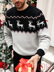 Manfinity Homme 男士秋冬長袖圓領針織套頭毛衣，附聖誕元素，可愛聖誕套頭毛衣，秋冬款 - 彩色 - 查看 1