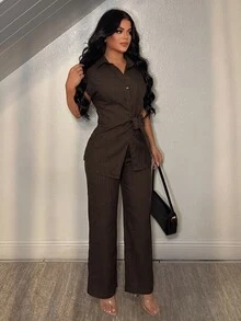 Vavine 2pcs Set: Collared Button-Up Short Sleeve Top With Asymmetrical Hem And Solid Color Long Pants - Brown - View 1
