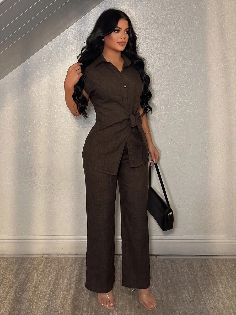 Vavine 2pcs Set: Collared Button-Up Short Sleeve Top With Asymmetrical Hem And Solid Color Long Pants - Brown - View 1