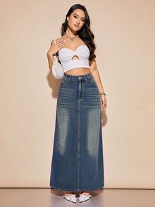 Rivivi Plus Size Women's Button & Zipper Pocket Design Denim Straight Skirt - Dark Wash - View 7