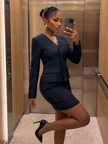 SHEIN SXY Women's Elegant Button Long Sleeve Jacket And Skirt Suit Set - Royal Blue - View 3