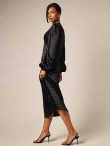 COSMINA Women's Casual Elegant Satin Black Polka Dot Lace Patchwork Dress - Black - View 5