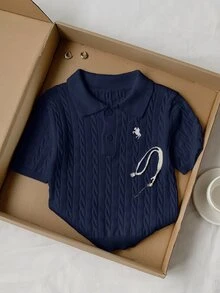 Comfortcana Plus Size Vintage Collegiate Embroidered Polo Collar Navy Blue Knit Top - Navy Blue - View 3