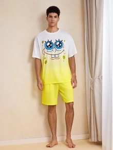 SpongeBob SquarePants | SHEIN طقم ملابس رجالي كاجوال للارتداء اليومي والمنزلي، توب بأكمام قصيرة وشورت بطبعة كرتونية - أصفر - مشاهدة 5