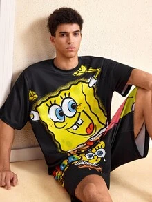 SpongeBob SquarePants | SHEIN Men's Cartoon Pattern Printed T-Shirt And Shorts Set - Black - View 5