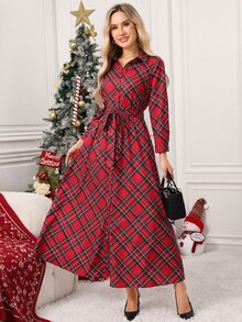 Editum Women's Fashion Plaid Button Long Sleeve Vacation Dress - Red - View 6