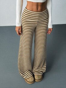 SHEIN Tall 女款摺腰運動休閒條紋喇叭褲 - 彩色 - 查看 1
