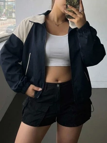 Dazy Plus Colorblock Patchwork Loose Casual Baggy Street Style Fall New Jacket Going Out Office - Navy Blue - View 7