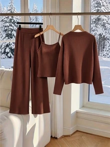 SHEINBlues Women's Deep V-Neck Pullover Top And Camisole Tank Top With Long Pants Set - Chocolate Brown - View 2
