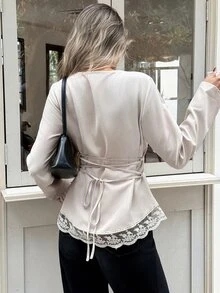 Serisse Women's Round Neck Long Sleeve Lace Patchwork Hem Back Tie Waist Versatile Jacket,Fall/Winter Elegant Formal Luxury Business Chic All-Match - Multicolor - View 1