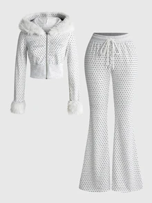 ROMWE Autumn/Winter Y2K Hot Girl Velvet Rhinestone Sweatshirt Women Two Pieces Set - Grey - View 1