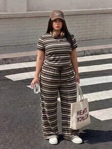 Comfortcana 女款大尺碼休閒短袖T恤與抽繩長褲條紋兩件套 - 棕色 - 查看 3