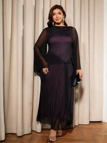 Elaquor Plus Size Women Mesh Patchwork Elegant Waist-Cinching Party Dress - Black - View 1
