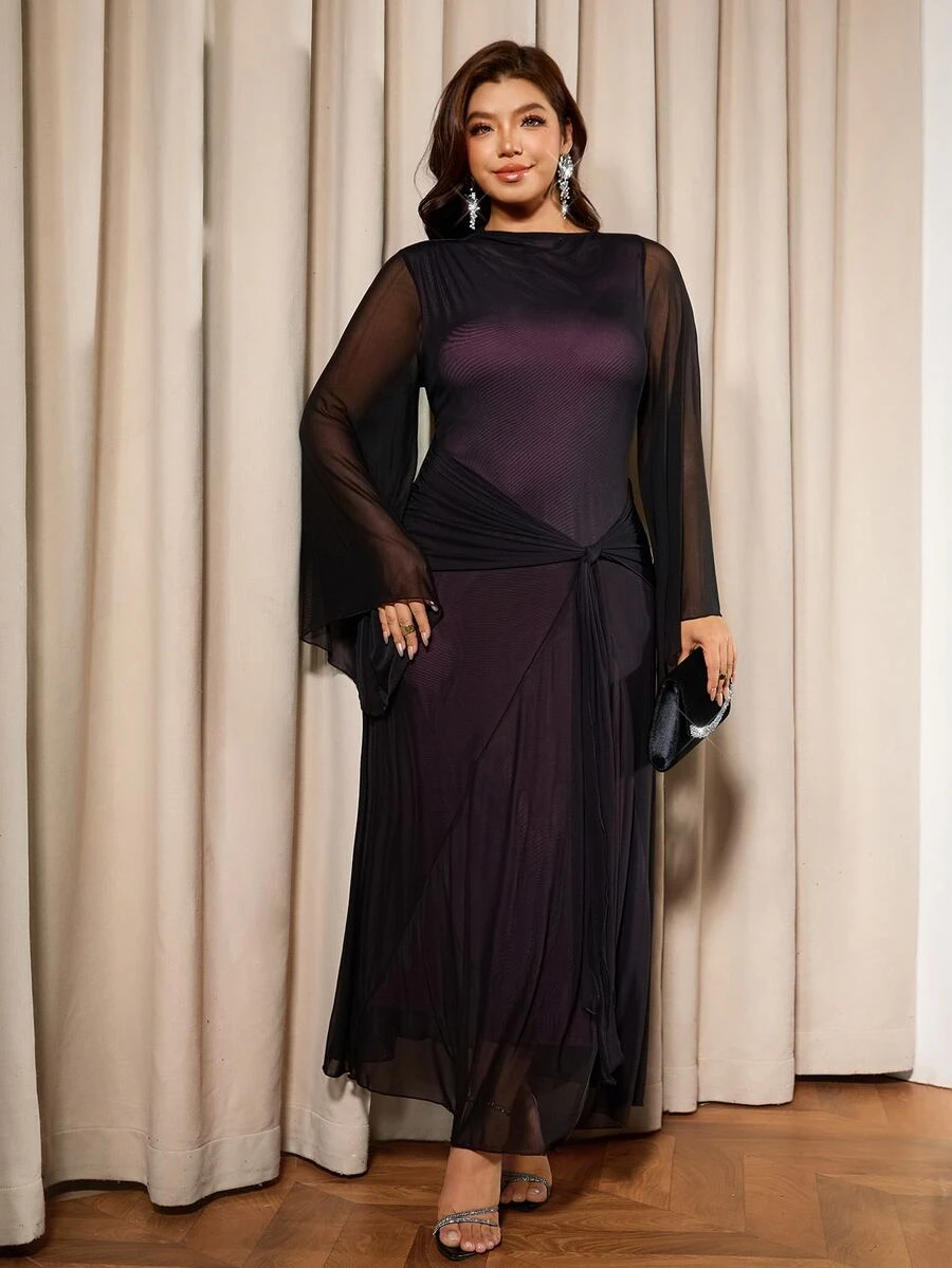 Elaquor Plus Size Women Mesh Patchwork Elegant Waist-Cinching Party Dress - Black - View 1