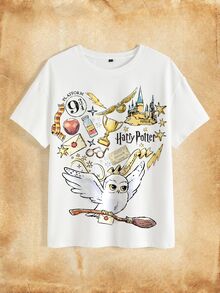 HARRY POTTER X SHEIN Women's Graphic Letter Print Short Sleeve T-Shirt - White - View 4