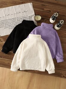 SHEIN 兒童 3 件組女童純色立領半拉鍊抓絨短版連帽衫套裝，雙面抓絨秋冬款 - 彩色 - 查看 2