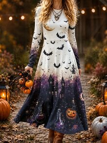 Breezaya Women's Round Neck Halloween Theme Print Long Sleeve Dress - Multicolor - View 1