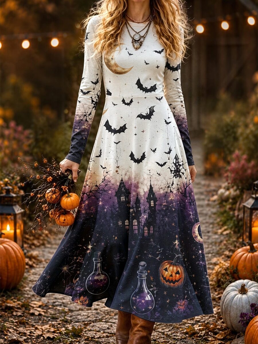 Breezaya Women's Round Neck Halloween Theme Print Long Sleeve Dress - Multicolor - View 1