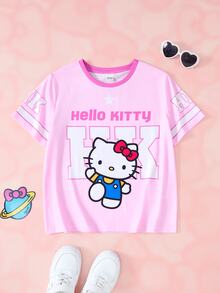 HELLO KITTY AND FRIENDS | SHEIN Kaos Lengan Pendek Kasual Harian untuk Anak Perempuan Tween dengan Cetak Kartun Huruf - Berwarna merah muda - View 1